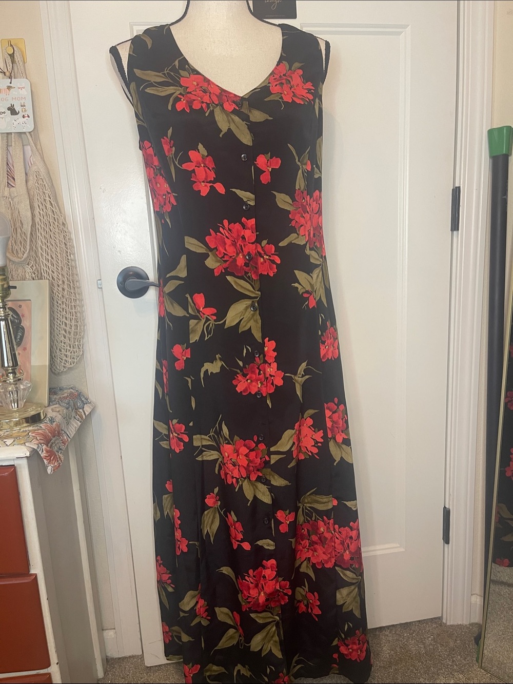 Expressions Black Maxi Dress with Red Floral Print